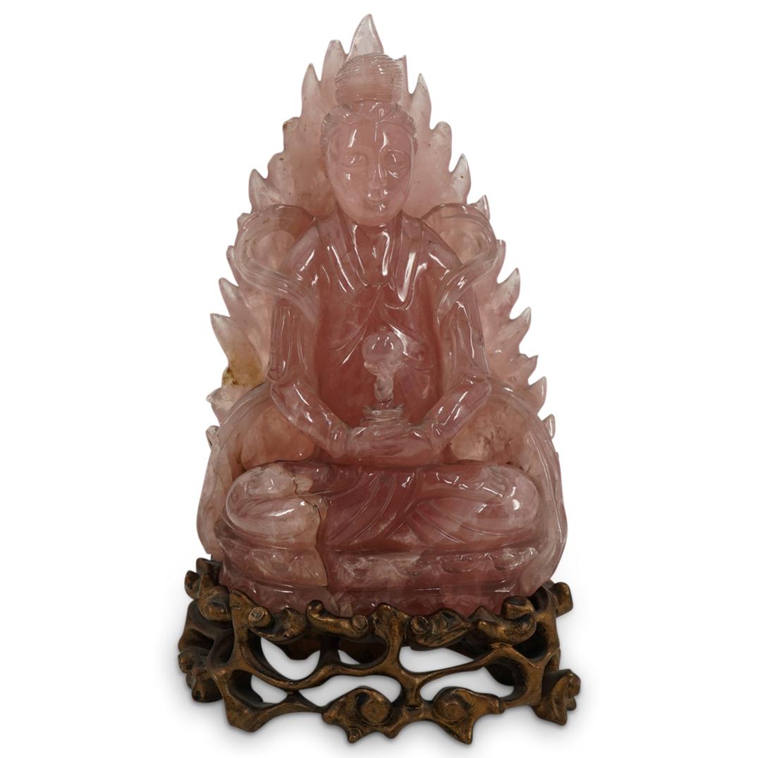 Antique Chinese Rose Quartz Guan Yin On Carved Wood Stand (1 of 3)