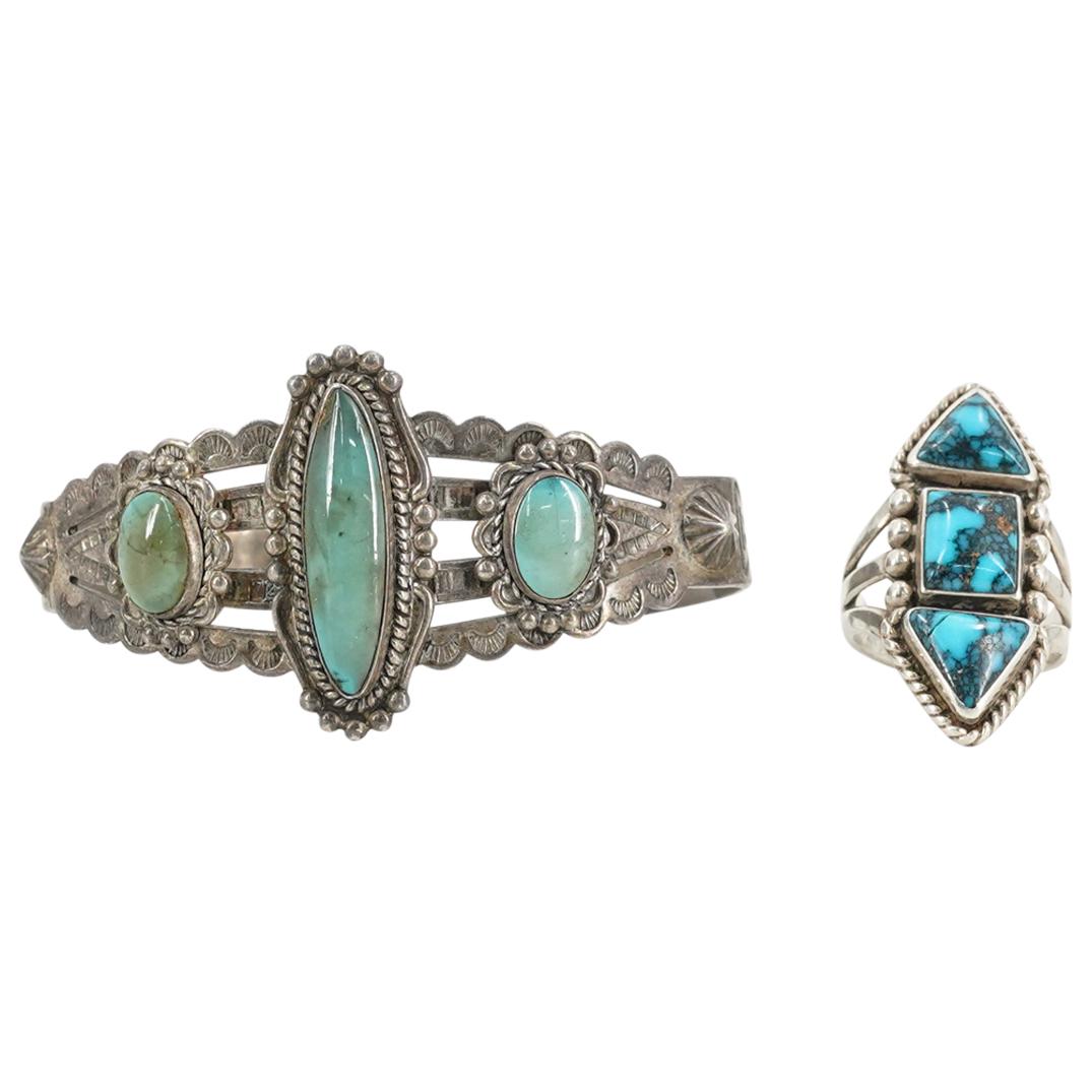 (2 Pc) Fred Harvey Sterling Bracelet and Navajo Ring (1 of 7)