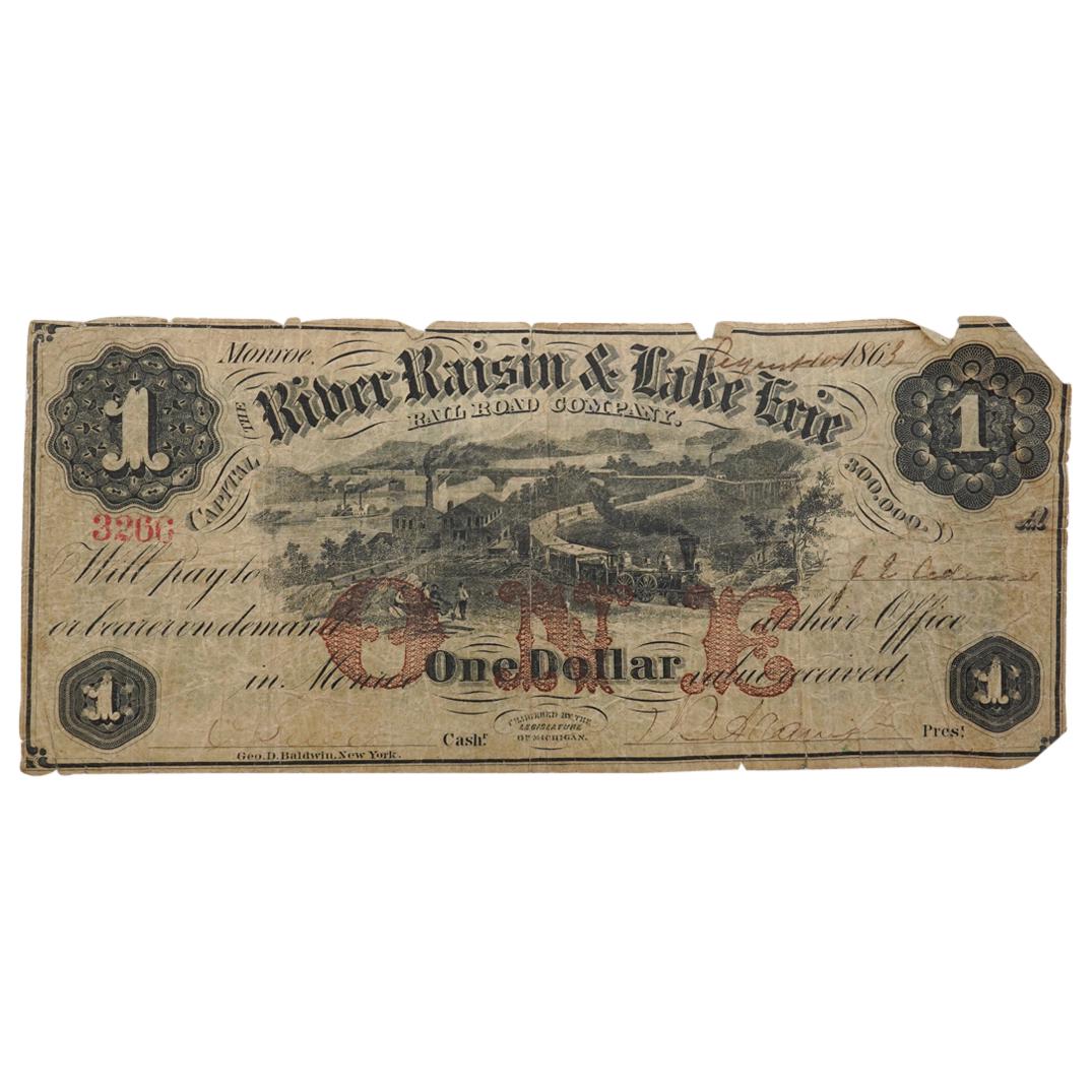 1863 $1 River Raisin & Lake Erie Railroad Obsolete (1 of 2)