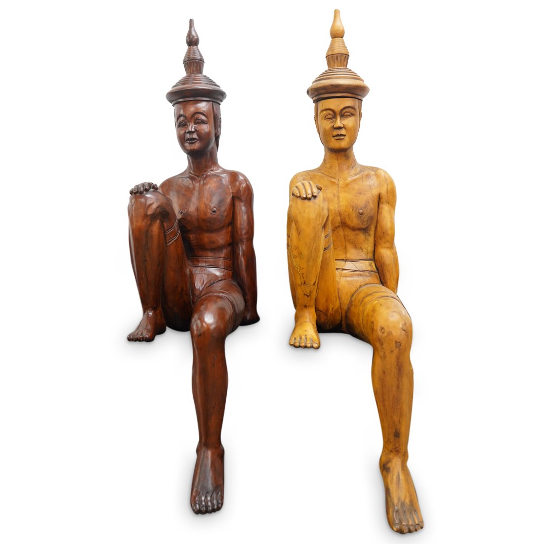 Pair Of Large Southeast Asian Carved Wood Seated Men (1 of 9)