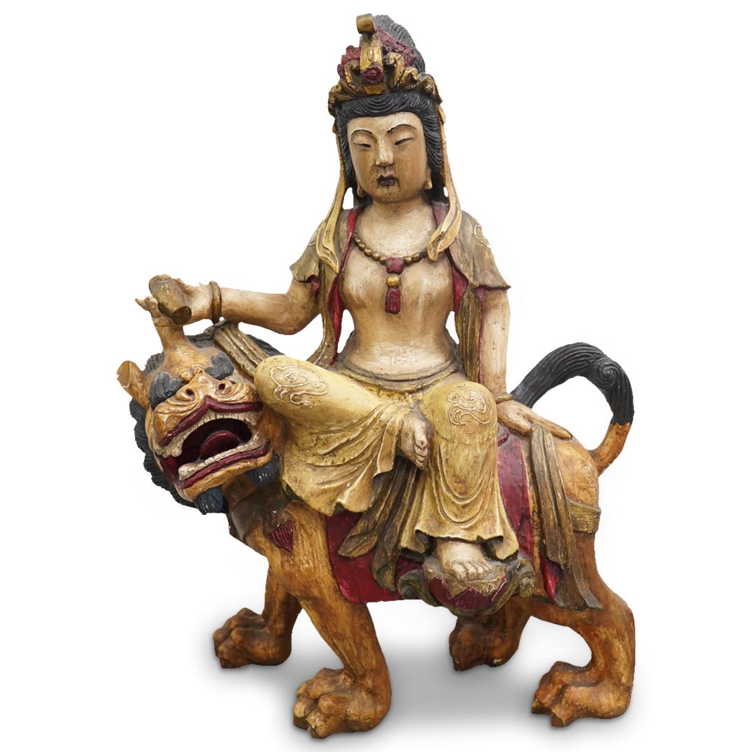Large Chinese Carved Wood Guan Yin Riding A Lion (1 of 6)