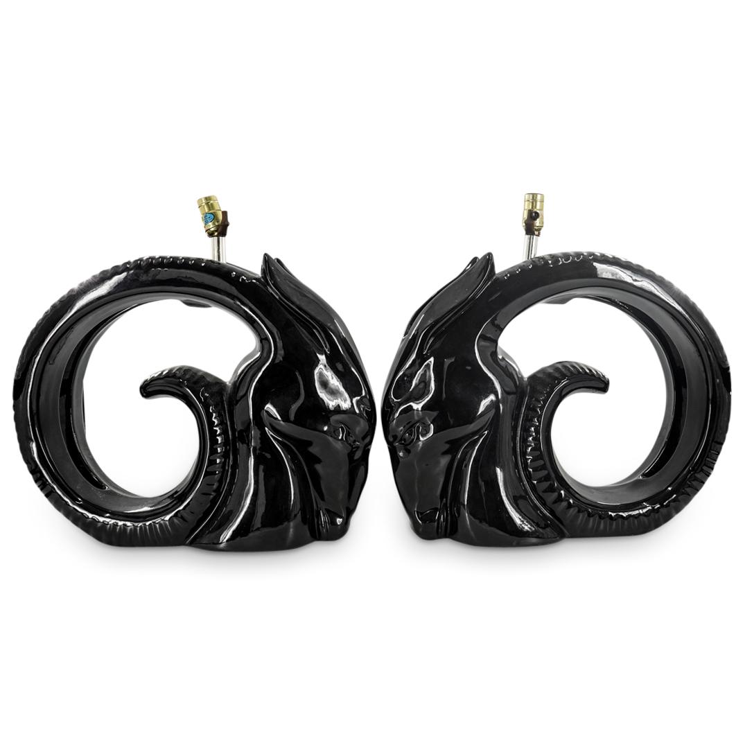 (2 Pc) Vintage Italian Black Glazed Porcelain Ram's Head Lamps (1 of 6)
