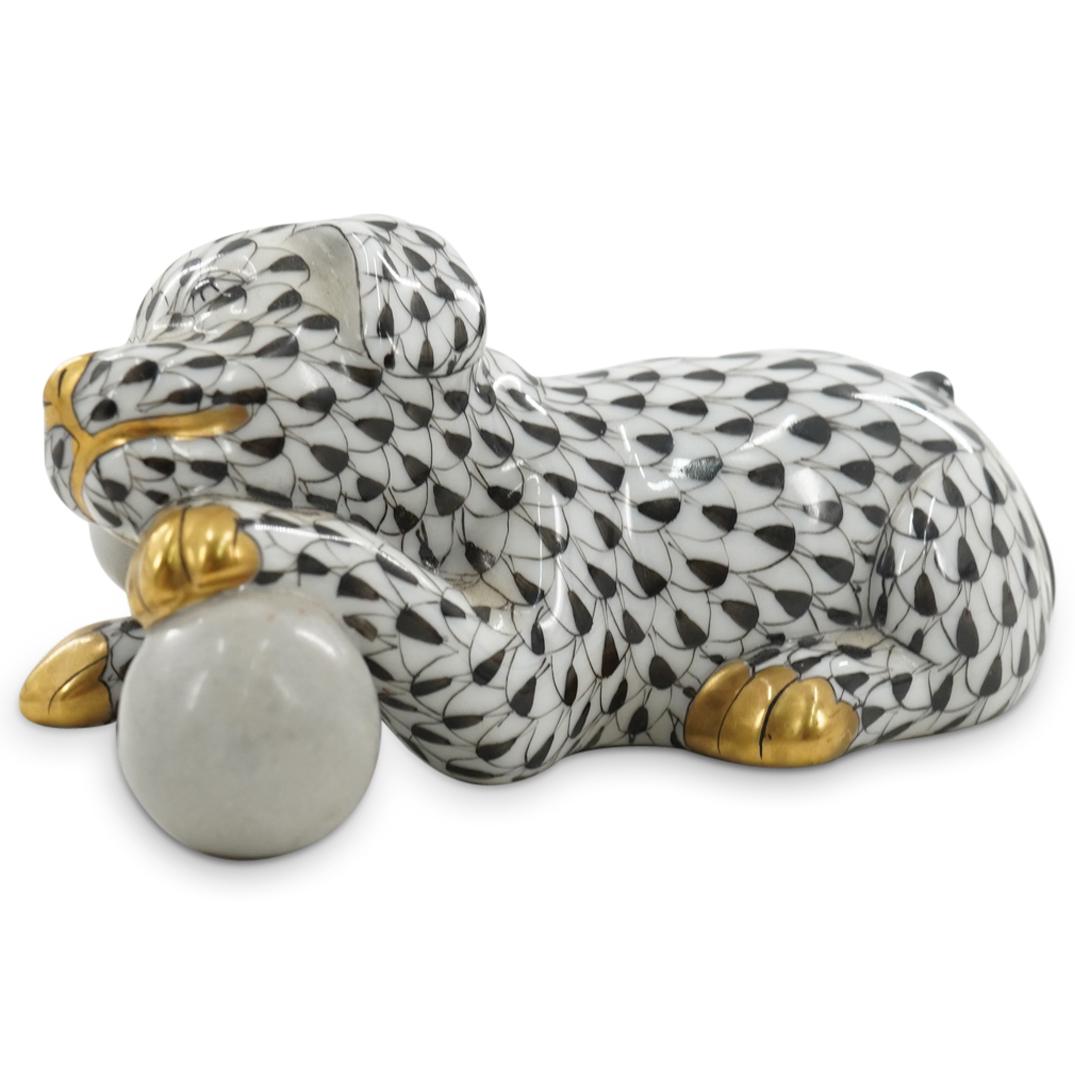 Herend Porcelain "Puppy Dog" Figurine: DESCRIPTION: Herend porcelain figurine of a "Puppy" dog, embellished in a black hued fishnet pattern. Finished with gilded accents. Style:#15514. Marked along the underside with Herend stamps. CIRCA: 