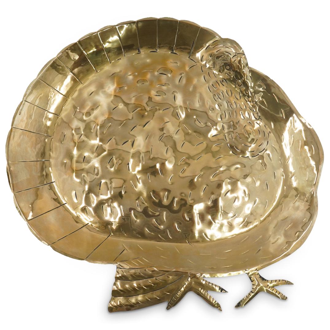 Vintage Mexican Gilt Brass Turkey Platter: DESCRIPTION: Gilt brass platter featuring an overall turkey design with textured feathers, face, and feet. Piece is marked on underside with faded maker's mark and "HECHO EN MEXICO" ("Made in Mexico")