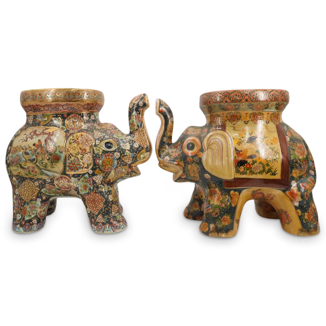 (2 Pc) Japanese Satsuma Porcelain Elephant Figural Garden Seats (1 of 12)