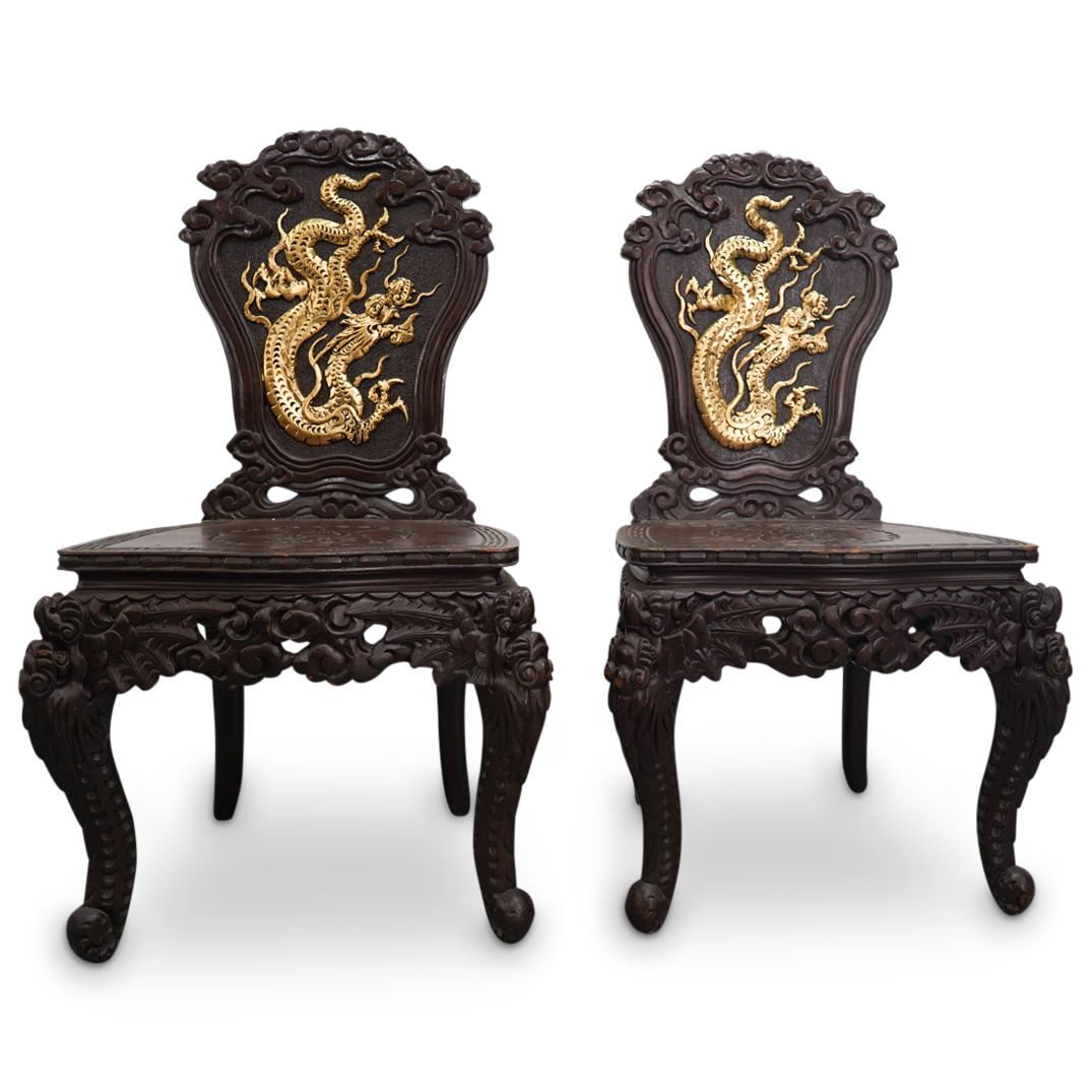 (2 Pc) Japanese Dragon Carved Rosewood Chairs (1 of 10)