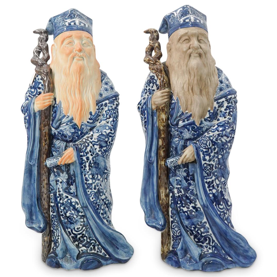 (2 Pc) Japanese Kutani Blue & White Glazed Porcelain Immortal Figures (1 of 7)