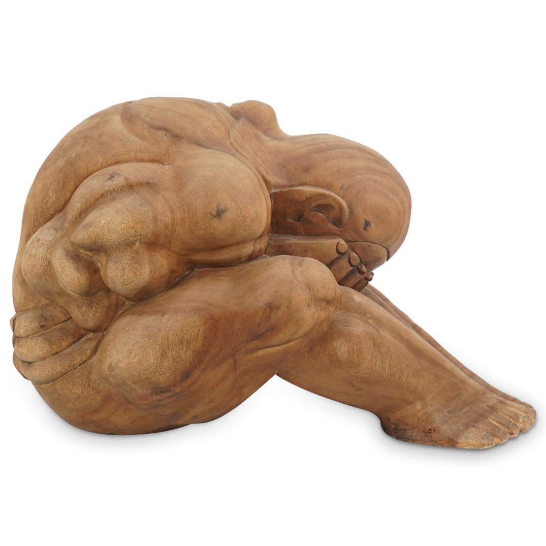 Large Hand-Carved Weeping Buddha Wooden Statue (1 of 6)