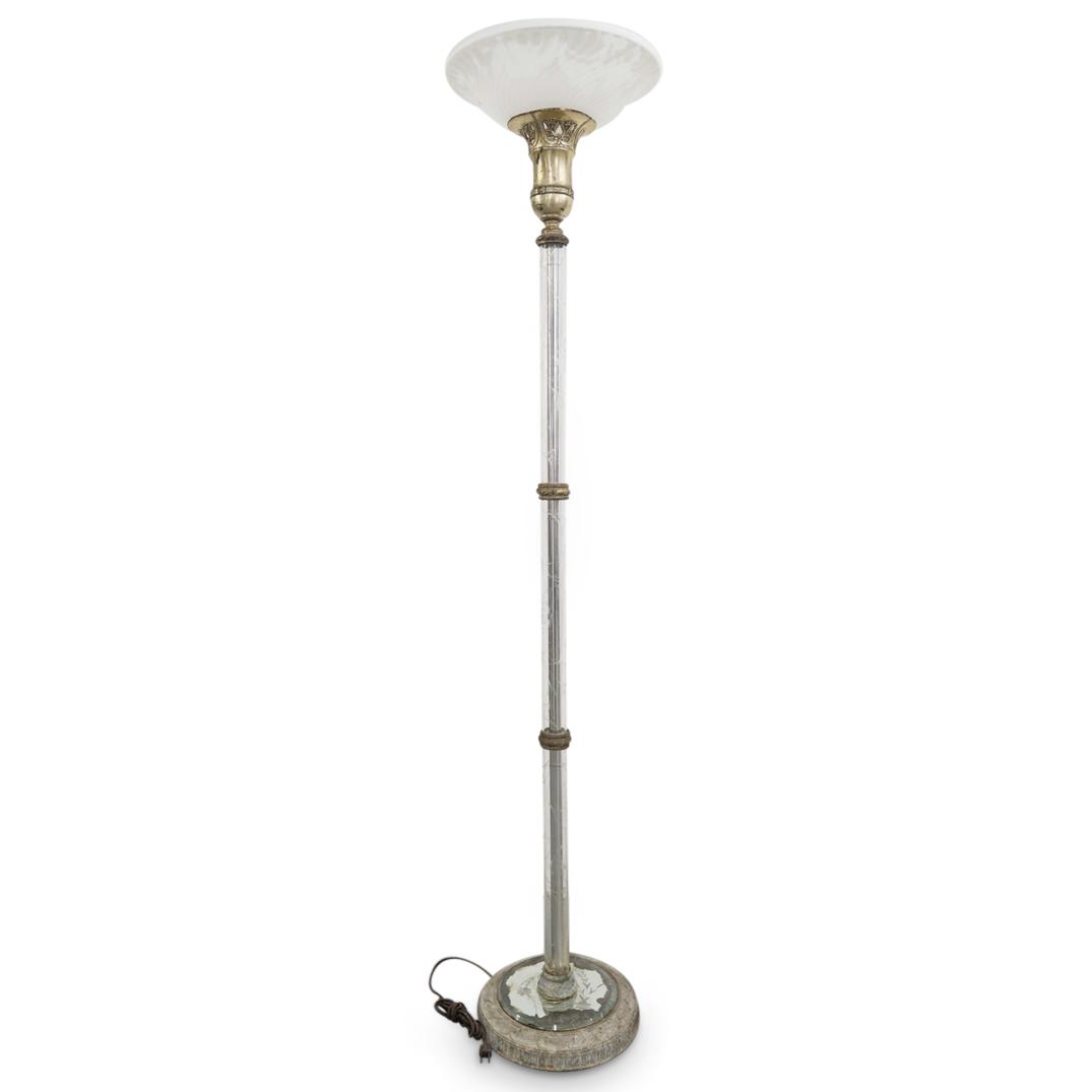 Mid-Century Mixed Metal, Glass, And Mirrored Torchiere: DESCRIPTION: Mid-century Torchiere featuring a silver tone, mixed metal frame decorated with floral, foliage, and fasces designs in high relief, and finished with berry designs beneath the shade. Piec
