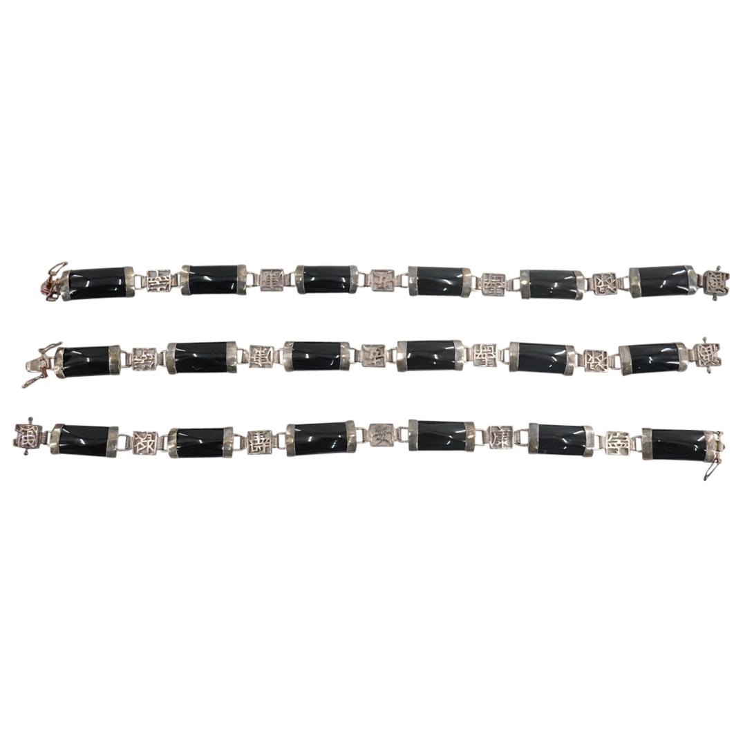 (3 Pc) Chinese Sterling Silver & Black Onyx Bracelets Set (1 of 2)