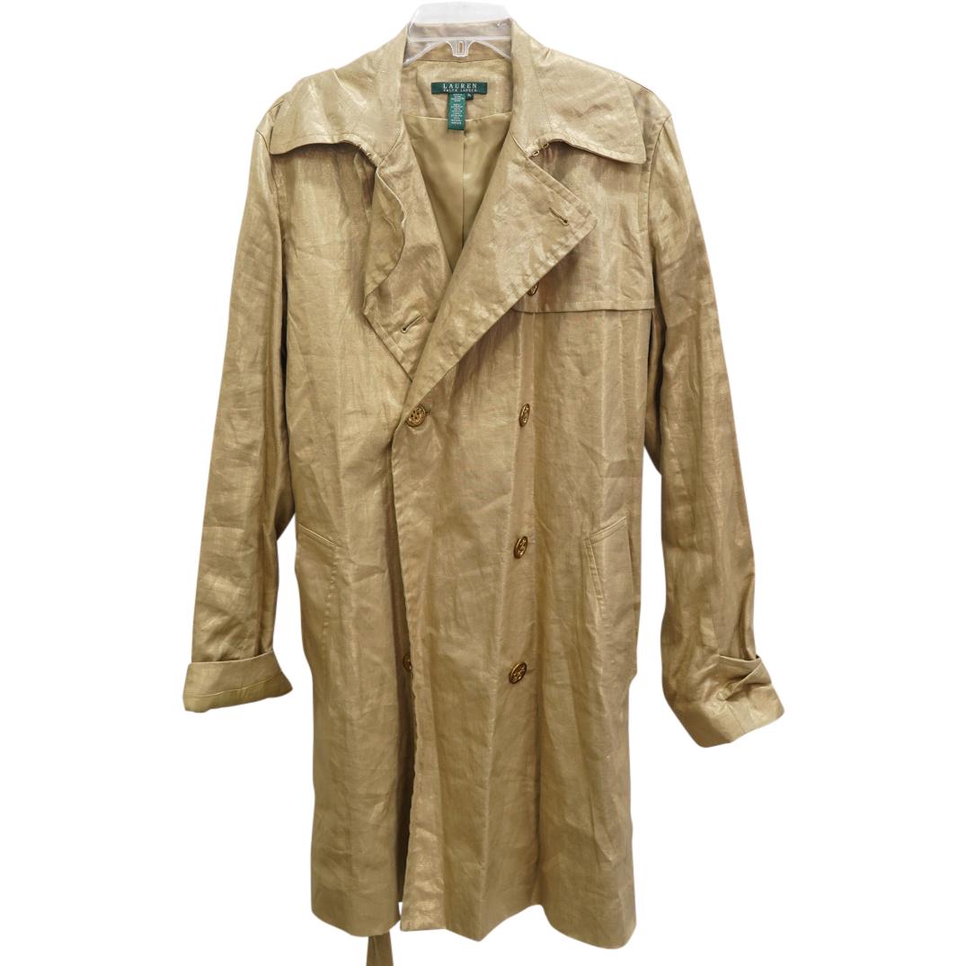 Ralph Lauren Ladies Iridescent Gold Linen & Acetate Trench Coat: DESCRIPTION: A vintage Ralph Lauren ladies iridescent gold linen and acetate trench coat, with double buttoned frontal and 3/4 length. Size XL. CIRCA: 20th Century DIMENSIONS: Bust 42" Waist 36" Lengt