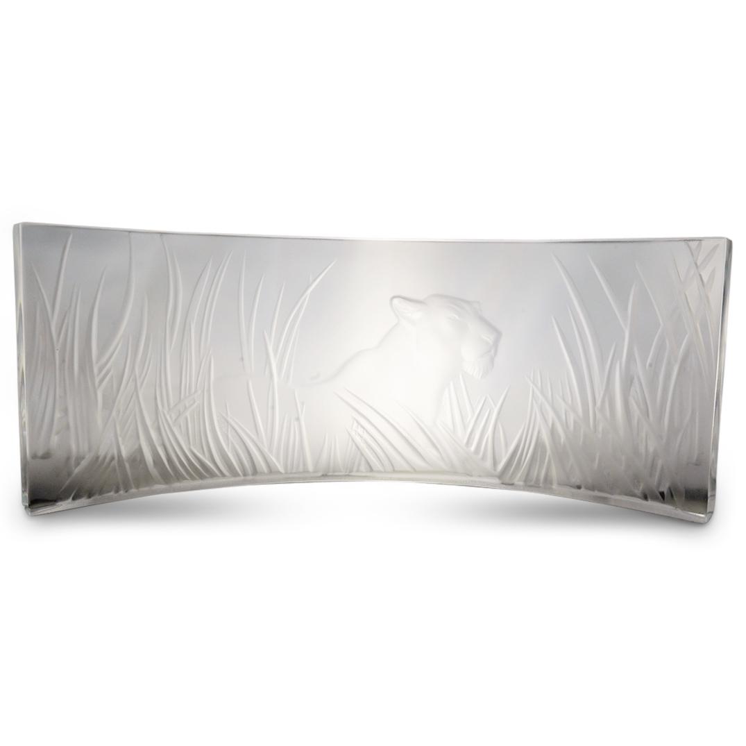 Lalique Molded Glass "Kora" Lamp: DESCRIPTION: Lalique molded glass "Kora" lamp with chrome double light socket fixture. Shade incised: "Lalique France" CIRCA: 20th Century ORIGIN: France DIMENSIONS: (Overall) H: 7" x W: 5" x L: 18" (