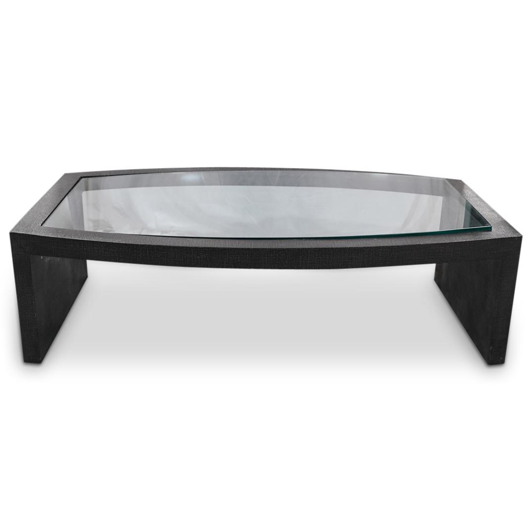 Ron Seff "Ritz" Cocktail Table: DESCRIPTION: Ron Seff "Ritz" cocktail table with lacquered linen frame and glass inset table top. CIRCA: 1980s ORIGIN: USA DIMENSIONS: (Overall) H: 17.5" x W: 36" x L: 60.25" (Glass) L: 54" x W: 30.25
