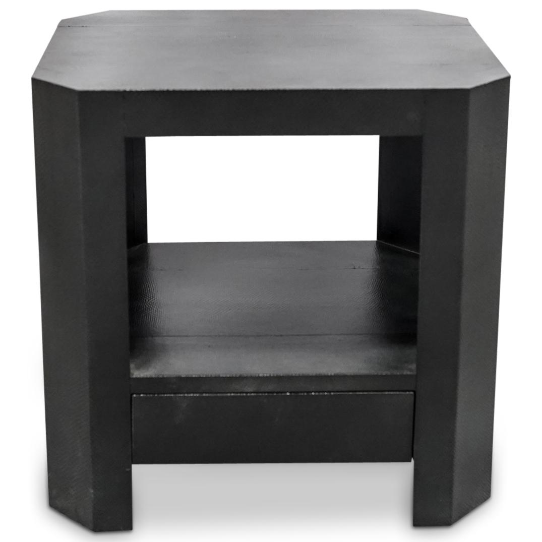 Ron Seff Snake Skin Occasional Table: DESCRIPTION: Ron Seff occasional table with cut corners and snake skin wrapped exterior. CIRCA: 1980s ORIGIN: USA DIMENSIONS: H: 18" x W: 18" x L: 14" Item Was Directly Purchased From Remaining Invent