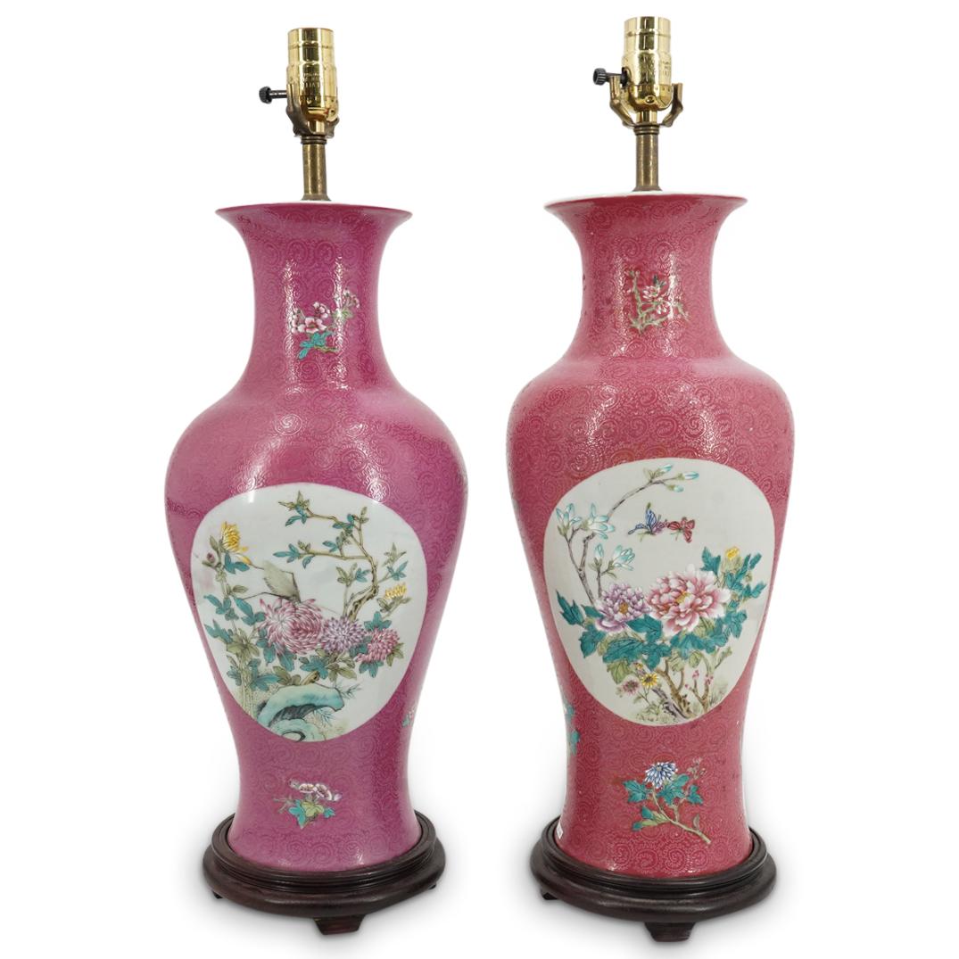Pair of Chinese Sgraffito Famille Rose Vase Lamps (1 of 10)