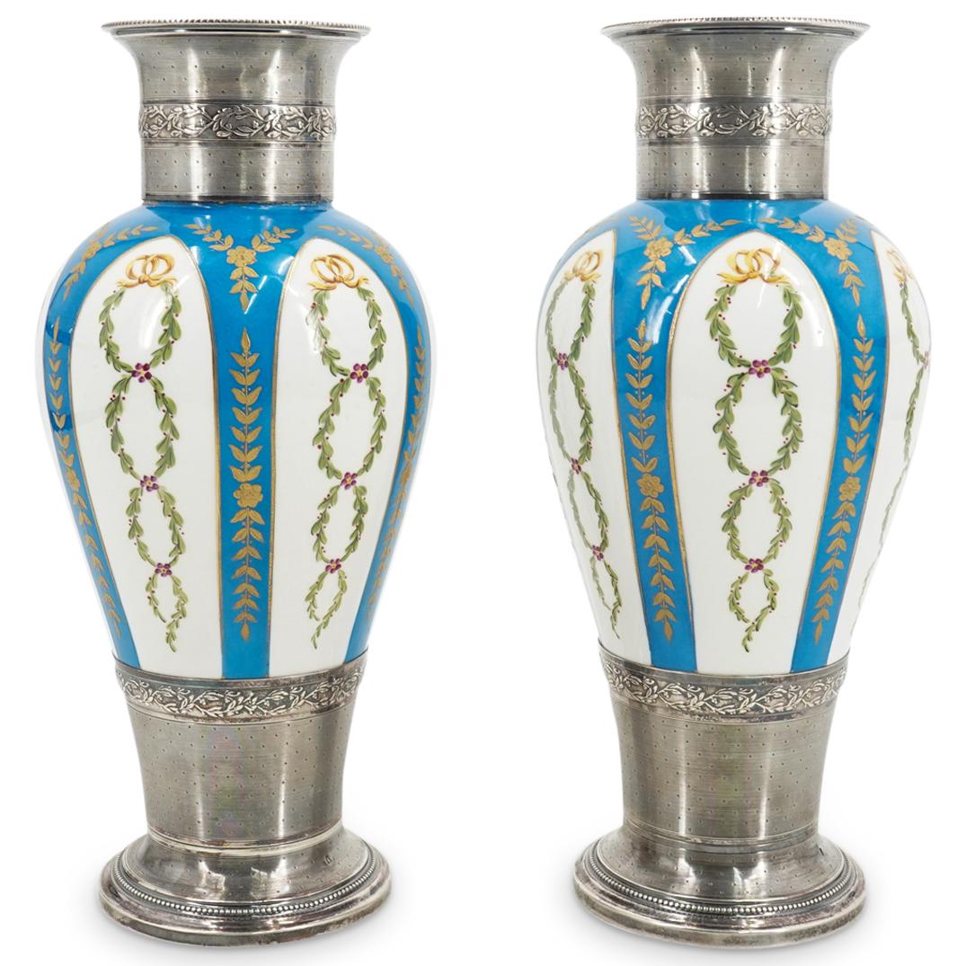 Pair Of Sevres Export Porcelain Vases W/ Silver Collars And Feet (1 of 7)
