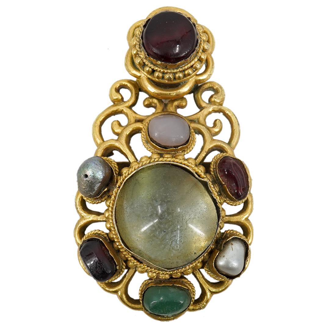 Antique Chinese Gilt Open Work, Gemstone Laden Belt Buckle Hook (1 of 2)