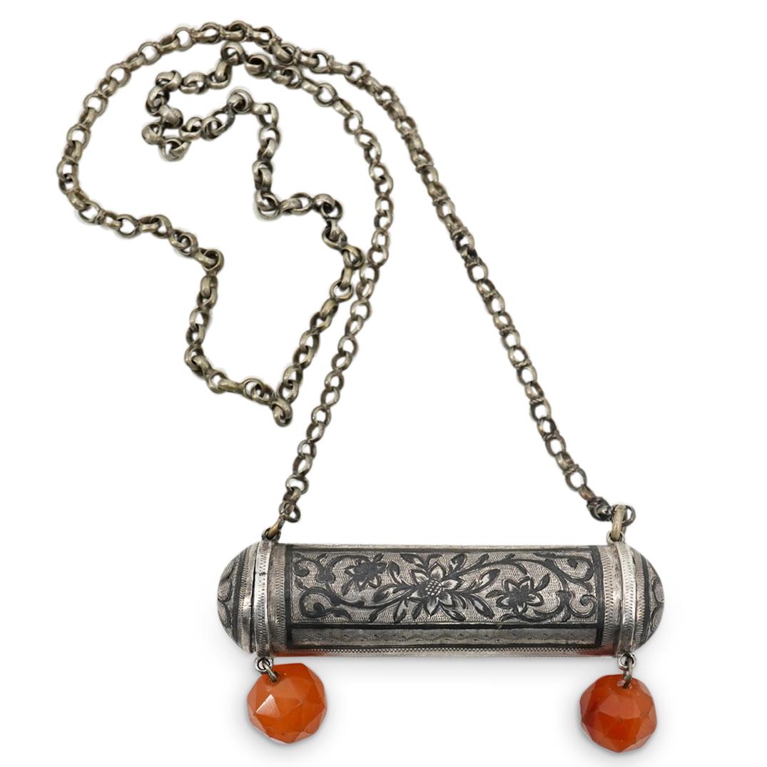 Central Asian Silver Niello And Carnelian Prayer Box Necklace (1 of 3)