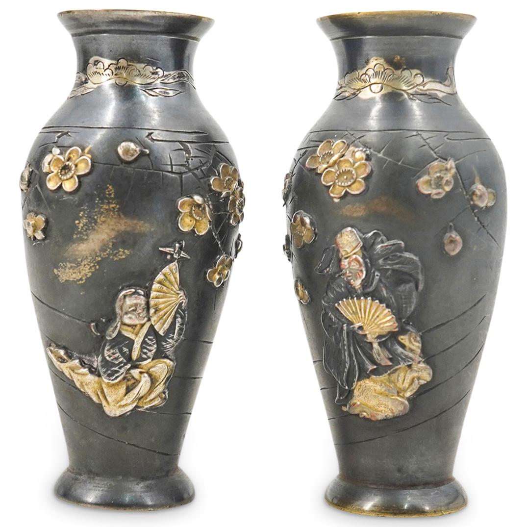 Pair of Antique Miniature Japanese Silver Vases (1 of 5)