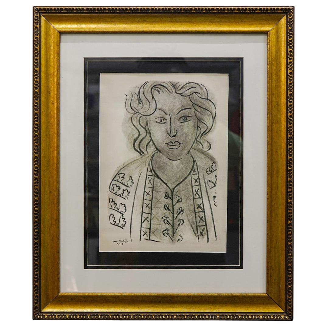 After Henri Matisse Two Tone Portrait: DESCRIPTION: Colored pencil on paper after Henri Matisse depicting a portrait of a woman wearing a sweater. Piece bears Matisse's signature and the date "7/38" and is marked on verso with another, mor