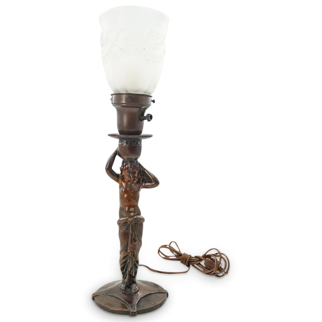Art Deco Iron Figural Lamp With Floral Glass Shade (1 of 6)
