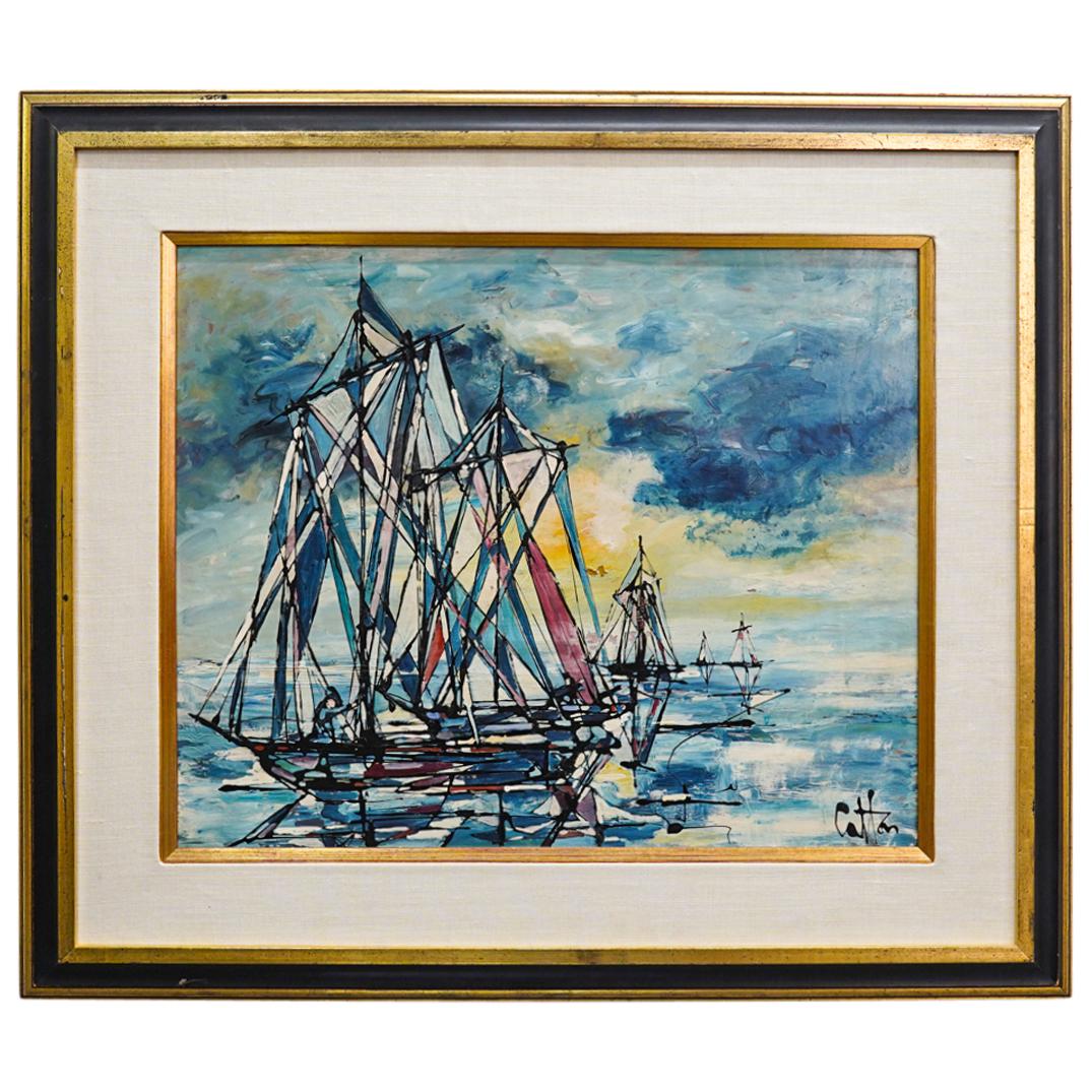 Signed Oil on Canvas Sailboat Scene: DESCRIPTION: Signed oil on board painting depicting several sailboats on a calm body of water, signed lower right possibly: "Cotton" mounted in gilt and ebonized wood frame. CIRCA: 20th Century ORIGIN