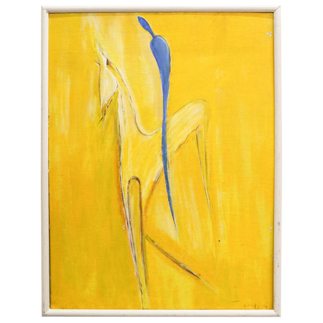 After Raymond de Botton "Blue Cavalier" Acrylic Painting on Panel: DESCRIPTION: Acrylic painting on canvas panel after Raymond de Botton's work "Blue Cavalier"; Depicting in a minimalist manner a blue figure riding a white horse against a bright yellow background. Mo