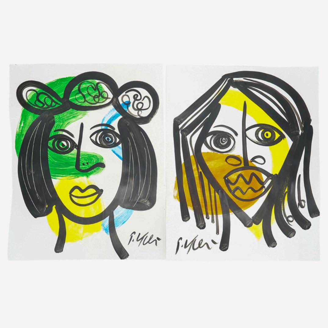 (2 Pc) Peter Keil Oil On Paper Celebrity Portraits: DESCRIPTION: Two oil on paper portraits by Peter Keil: one entitled "Bright Eyed Bella Brook" depicting a woman with bared teeth against a white, orange, and yellow background; one entitled "Crown of