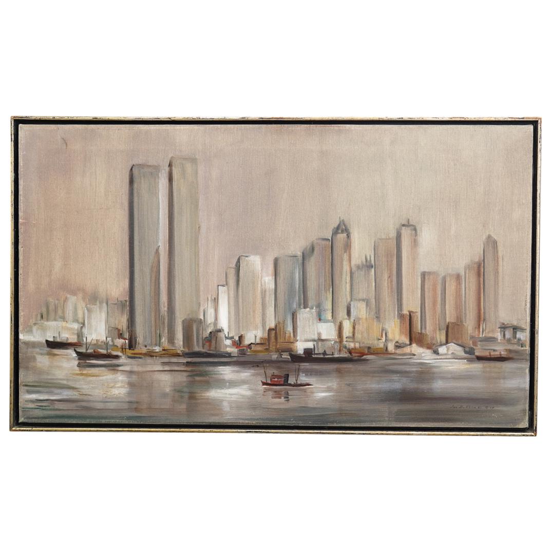 Vintage Impressionist New York City Skyline Oil Painting on Canvas (1 of 6)
