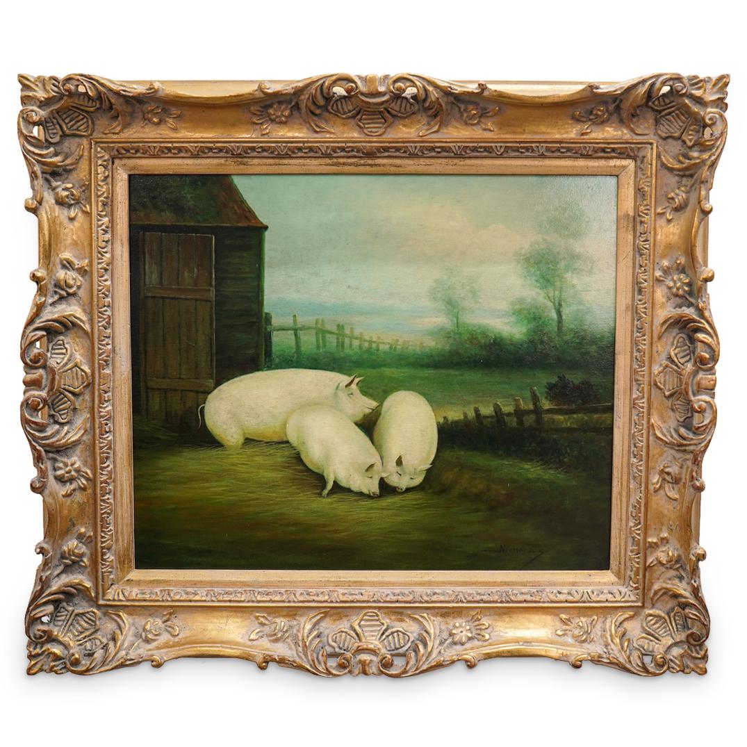 English School Oil on Canvas "Three Pigs Painting" (1 of 5)