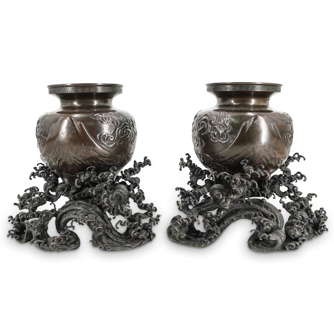 Pair Of Japanese Meiji Era Bronze Vases On Bronze Wave Bases (1 of 11)