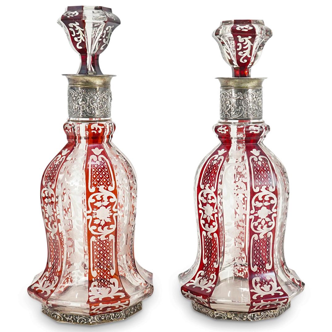 Pair of Antique Bohemian Silver Mounted Ruby & Frosted Glass Decanters (1 of 7)