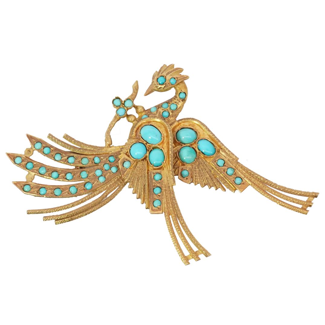 Egyptian Revival Golden Phoenix Turquoise Brooch (1 of 2)