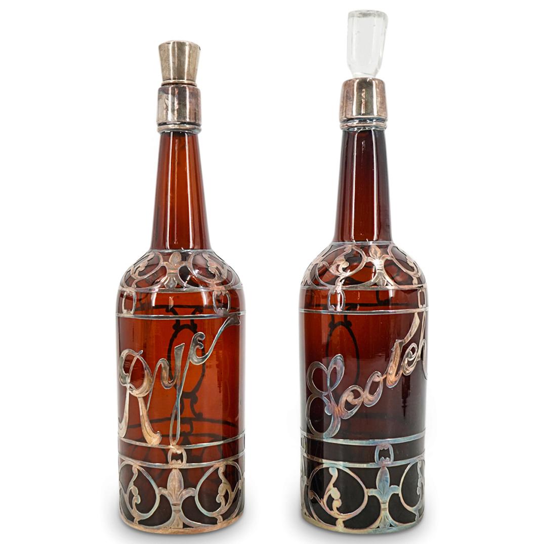 Pair of Art Nouveau Amber Glass & Silver Overlay Scotch & Rye Decanters (1 of 10)