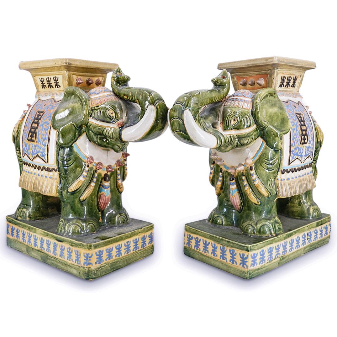Pair Of Chinese Polychrome Elephant Ceramic Garden Stools (1 of 14)
