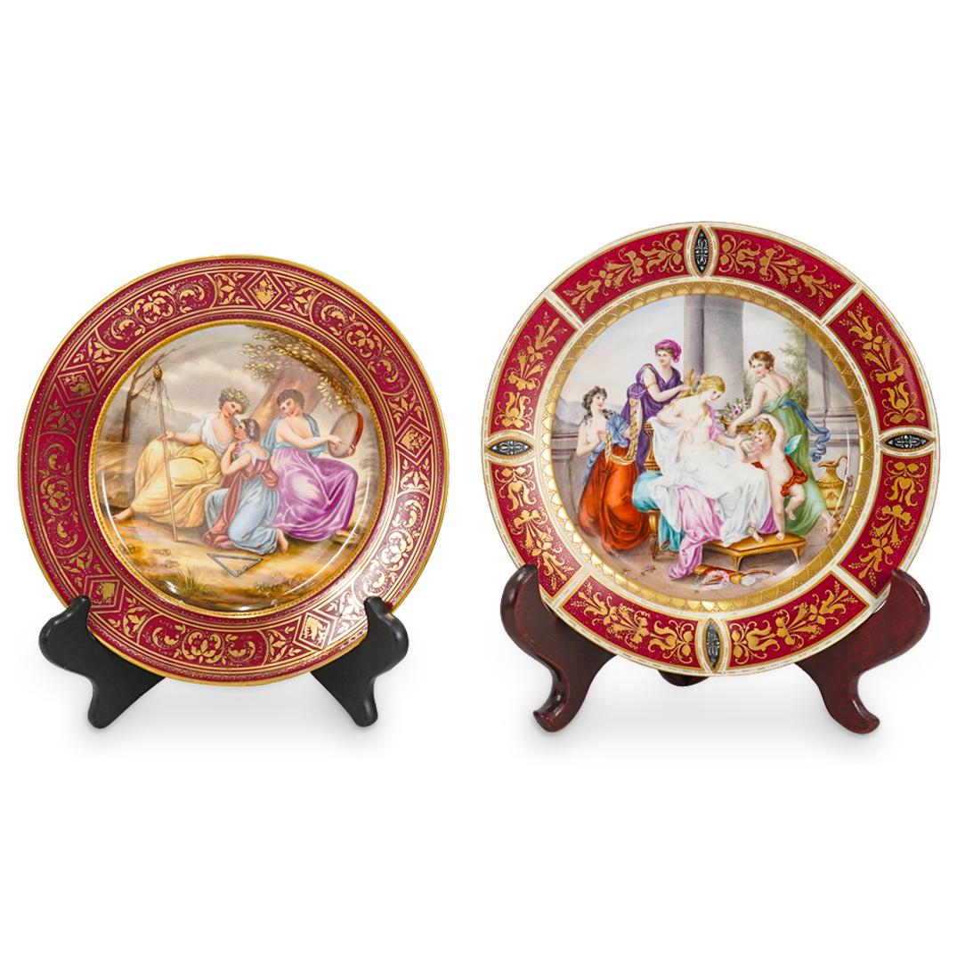 Pair Of Antique Royal Vienna Allegorical Porcelain Plates: DESCRIPTION: Two matching Royal Vienna porcelain plates, each decorated in its well with an allegorical/mythological scene: one after "Bacchante" by Francesco Bartolozzi depicting three Bacchanalia at