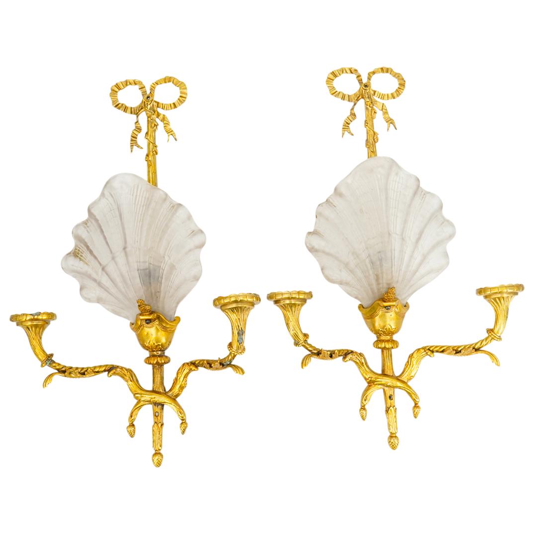 French Art Nouveau Ormolu Sconces W/ Shell Shades (1 of 11)