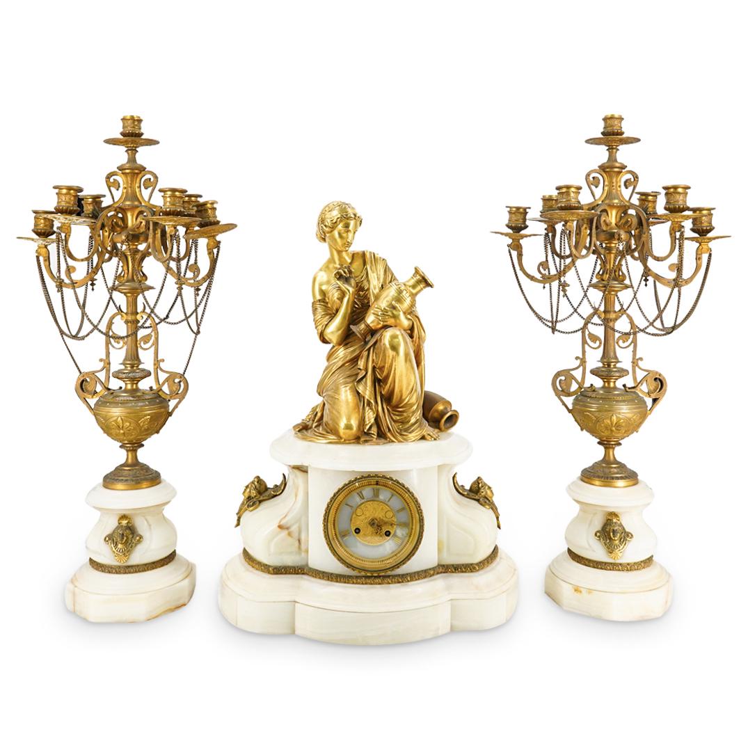 (3 Pc) Marble And Bronze Mantle Clock And Candelabra Set (1 of 20)