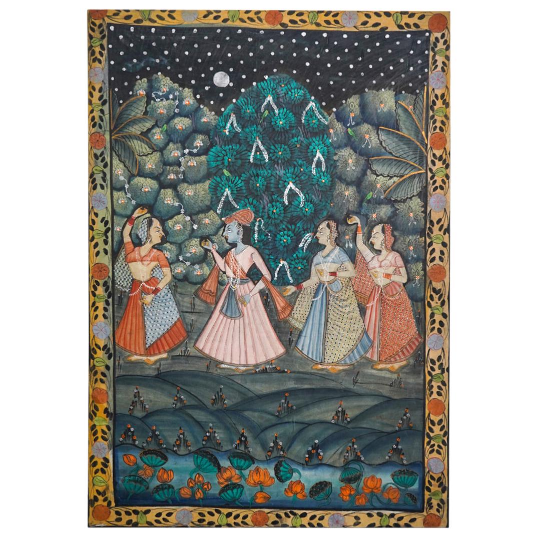 Indian Pichhavai Oil on Canvas Painting: DESCRIPTION: A large Indian Pichhavai oil on linen polychrome painting with vibrant imagery. CIRCA: 20th Century ORIGIN: India DIMENSIONS: H: 44.25" x L: 30" CONDITION: Great condition. See lot descri