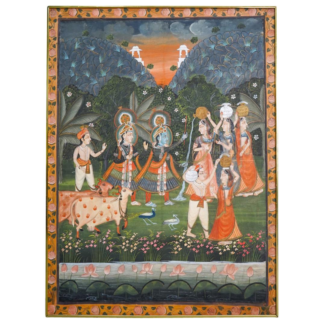 Indian Pichhavai Oil on Canvas Painting: DESCRIPTION: A large Indian Pichhavai oil on linen canvas polychrome painting with vibrant imagery, mounted in brass frame. CIRCA: 20th Century ORIGIN: India DIMENSIONS: H: 46.25" x L: 33.75" CONDITIO