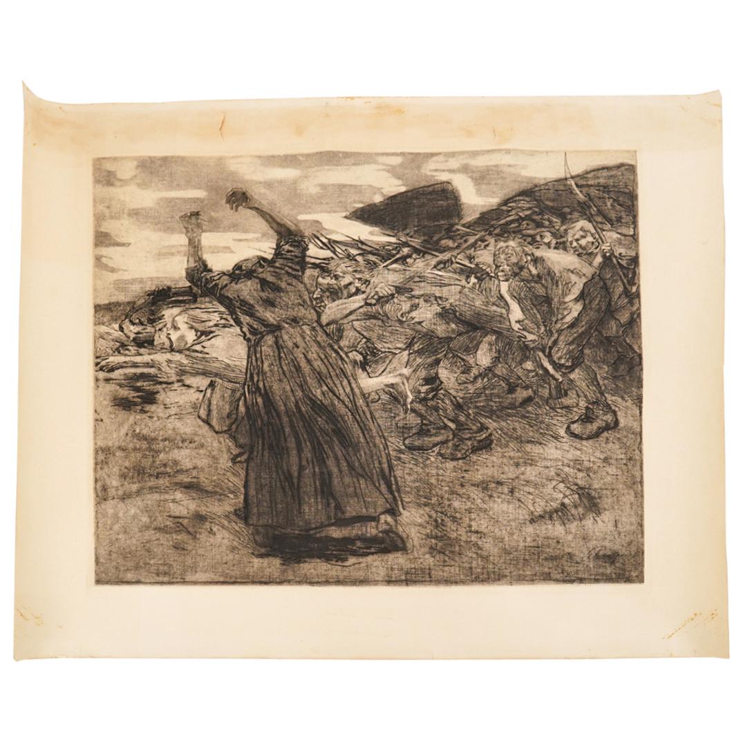 Kathe Kollwitz (1867-1945) "Charge" Engraving On Paper: DESCRIPTION: Engraving / etching on paper entitled "Charge" by Kathe Kollwitz depicting a man encouraging a hoard forward toward the left of the image. Piece bears signature and date of artist at lowe
