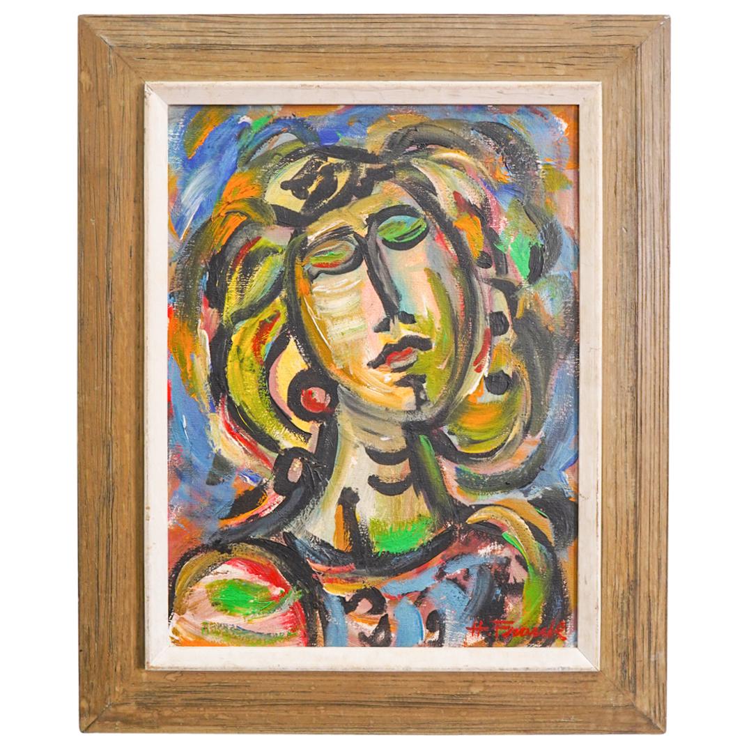 Attr. Harold Frank (American, 1921-1995) Woman's Portrait Oil Painting on Canvas: DESCRIPTION: Portrait oil painting on canvas attributed to American artist Harold Frank (1921-1995); Depicting in a colorful expressionism manner a woman with closed eyes. Signed lower right "H. Frank