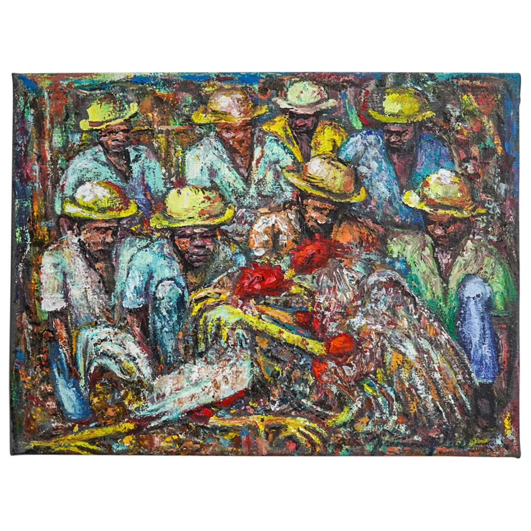 Jean Madsen Gilles (Haitian) Cock Fight Oil Painting on Canvas: DESCRIPTION: Oil painting on canvas by Haitian artist Jean Madsen Gilles; Depicting in a expressionist manner a group of men crowded around a cock fight. Signed lower right. CIRCA: 20th Century ORIGIN