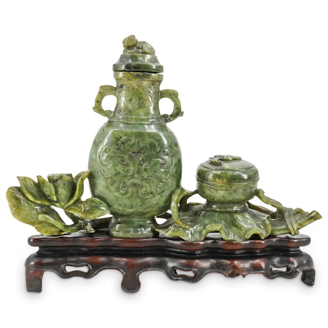 Antique Chinese Carved Spinach Jade Double Vase (1 of 7)