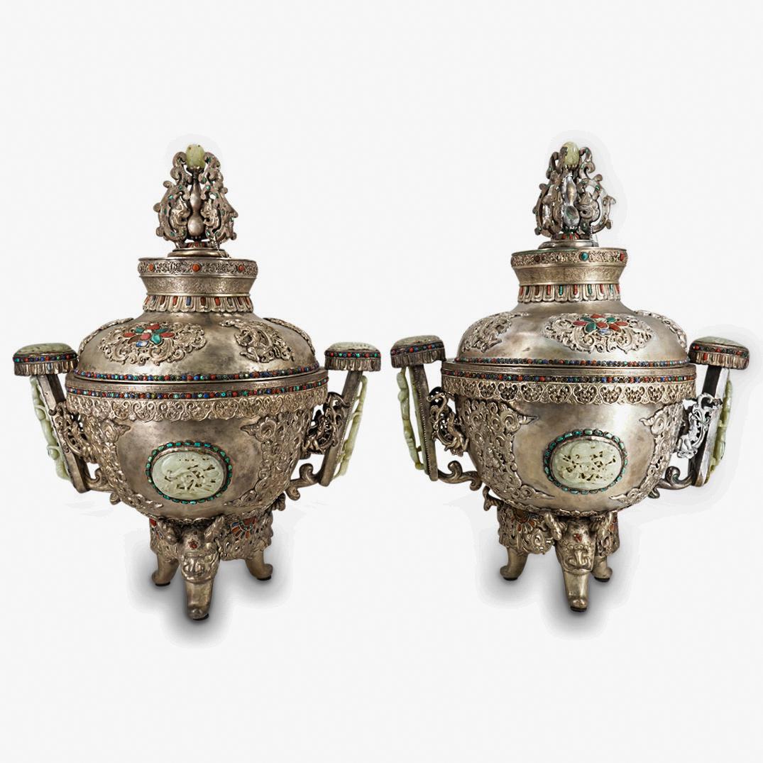 Pair Of Mongolian Silver Plated Lidded Urns, Jade Insets (1 of 11)