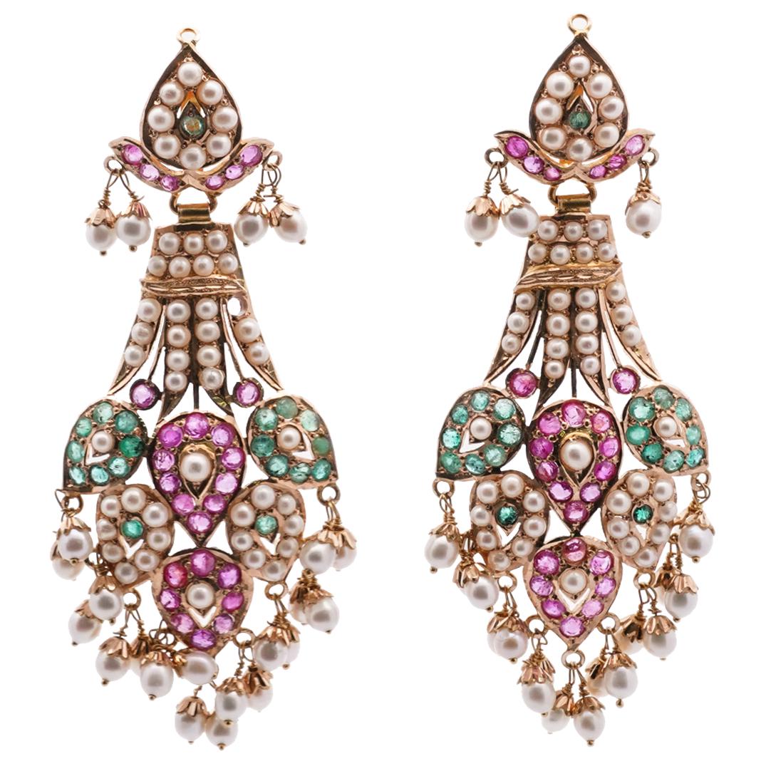 Pair of Indian 18k Gold, Ruby, Emerald and Pearl Earrings (1 of 3)