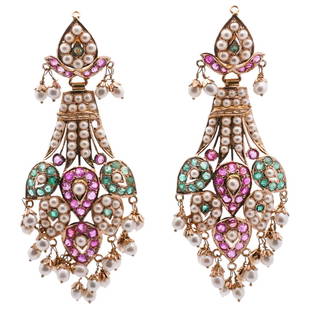 Pair of Indian 18k Gold, Ruby, Emerald and Pearl Earrings: DESCRIPTION: A pair of Indian 18k yellow gold earrings finely decorated with beaded pearls, multifaceted Emeralds and Rubies over an open work frame, completed with dangling pearls. Total Weight: 12.