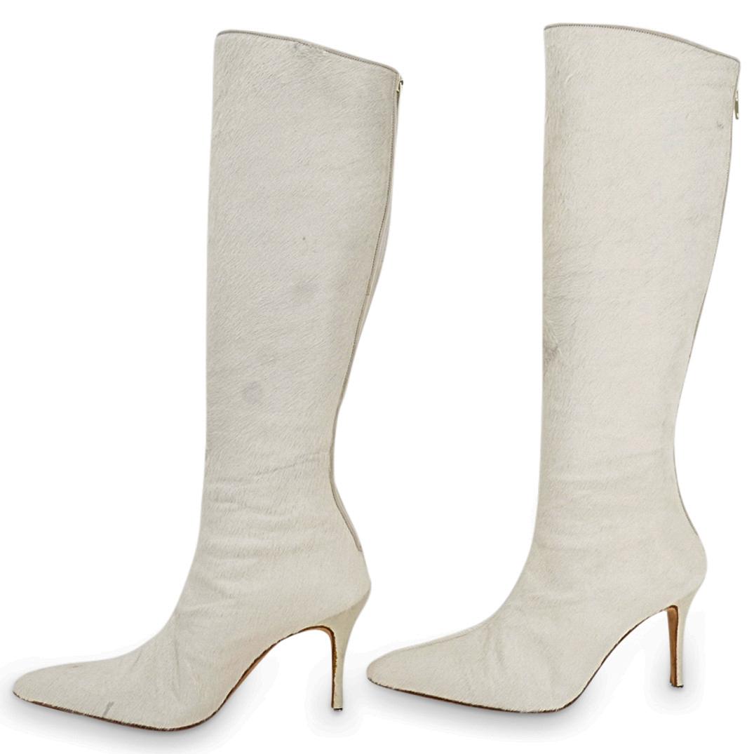 Manolo Blahnik White Pony-Hair Knee-High Ladies Boots (1 of 6)