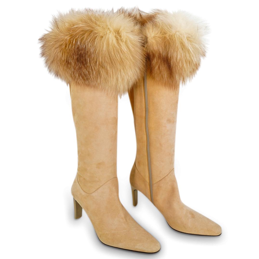 Escada Suede & Fur Knee-High Ladies Boots: DESCRIPTION: A designer Escada knee-high ladies boots, in peach colored suede leather, with fur trim. Embellished with golden colored heels. Size 36 B. CIRCA: 20th Century DIMENSIONS: Size 36 B. Have