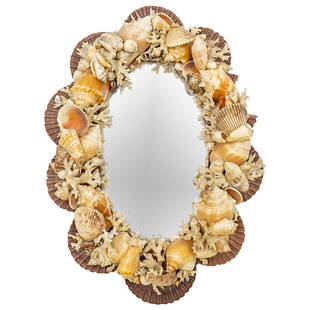 Vintage Anthony Redmile Style Shell Encrusted Mirror: DESCRIPTION: A Vintage Shell Encrusted wall mirror in the manner of Anthony Redmile, comprised of horse conch, calico scallop, junonia, and coral encrustations. CIRCA: 1970s ORIGIN: USA DIMENSIONS: H: